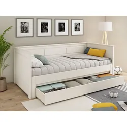 Funktionsbett »" ERIK " TOPSELLER! Daybed, Gästebett, Kinderbett, Massivholz (Kiefer)«, (stilvolle Kassetten - Fräsung, 90x200cm ausziehbar auf 180x200cm), 2. Schlafplatz ausziehbar, moderner Landhausstil, Schublade optional, weiß, , 554497-0
