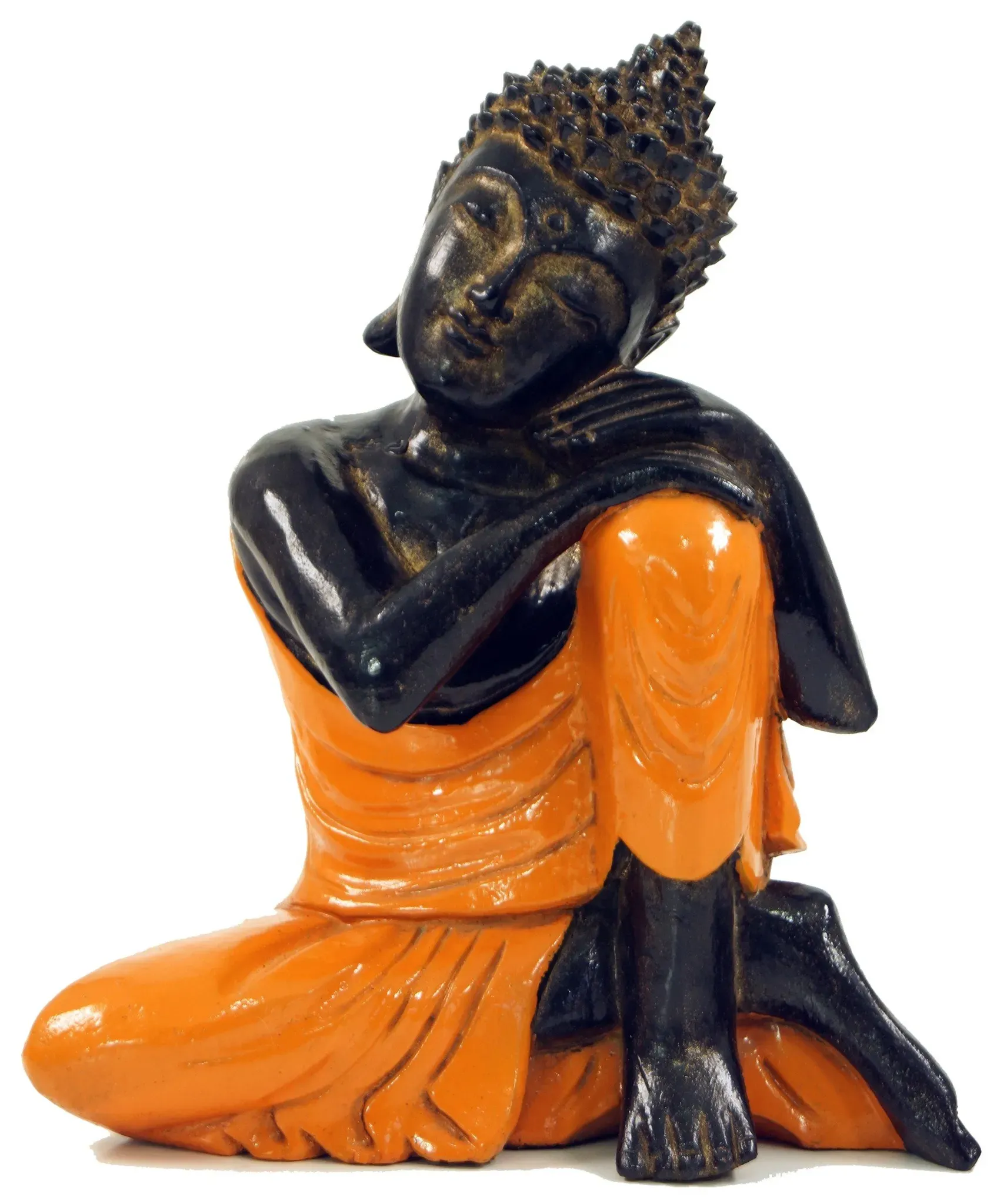 GURU SHOP Geschnitzte Sitzender Buddha Figur, Träumender Buddha - Orange/rechts, 28x21x12 cm, Buddhas