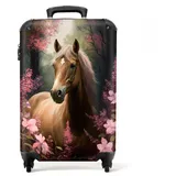 NoBoringSuitcases.com® Kinderkoffer Mädchen Reisekoffer mit Rollen Handgepäck Koffer Pferd - Rosa Blumen - Natur - Wald - 55x35x20cm