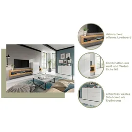 xonox.home Wohnzimmer Samba Wohnwand TV-Möbel Wohnkombination Wohnzimmermöbel Wohnzimmerschrank Möbelkombination Wohnzimmerset in weiß melamin Abs. Wotan Eiche ca. 240x190x35cm