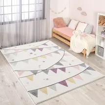 Carpet City Kinderteppich Kinderzimmer Creme Lila - 80x150 cm - Wimpel-Motiv - Kinderzimmerteppiche Mädchen - Babyzimmer-Teppich - Spielteppich
