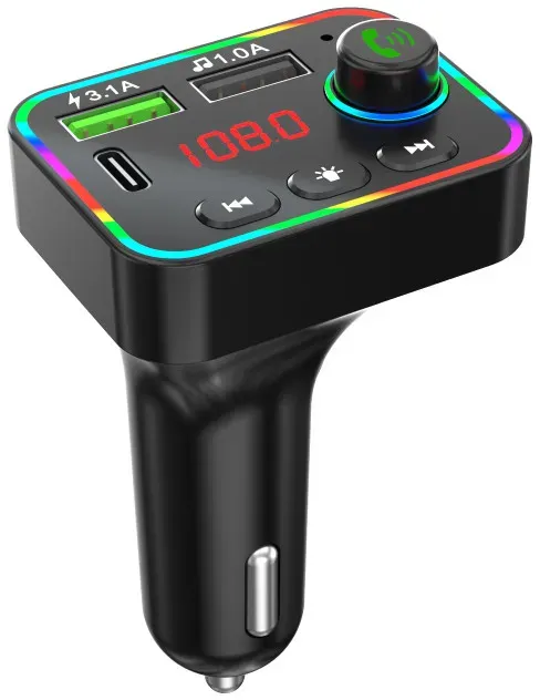 FM-Radio-Transmitter mit Telefonladegerät HZ-BT-F4, 87,5 MHz bis 108,0 MHz, Bluetooth, 2× USB, schwarz, mit Hintergrundbeleuchtu