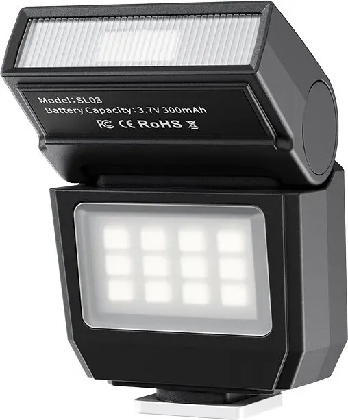 ULANZI SL03 Mini Kamerablitz mit Videolicht Einzelkontakt-Blitzschuh für Sony/Canon/Fuji DSLR,GN8 6500K Kamera Speedlite Blitzgeräte, 90° verstellbare, 4 Leistungsstufe (1/8~1/1), Schwarz
