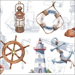 20 Servietten Papier 33x33cm 3-lagig - maritime Einweg Papierservietten Sommerdeko Leuchtturm Anker Küste Steuerrad BBQ Hochzeit Grillfest Meer