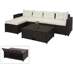 Poly-Rattan Garnitur MCW-J34, Balkon-/Garten-/Lounge-Set Sitzgruppe Sofa, Staufach ~ braun, Kissen creme-beige