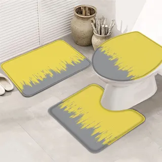 Badematten Set 3 Teilig Gelbe Und Graue Gemäldestruktur Modern Weiche Kontur Badteppich Dekorative Wc-Sitzbezug Badteppich