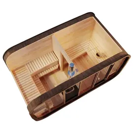 FinnTherm Comfort Set Fasssauna ScandiCube Space Fasssauna 4 Sitzbänke aus Holz, Sauna mit 42 mm Wandstärke, Außensauna mit Montagematerial