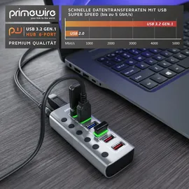 Primewire - USB 3.2 Gen.1 6 Port Hub aktiv schaltbar - mit Netzteil - 4 x USB 3.2 Gen1, 2X USB 3.0 mit smart Charge (Ladeports) - Alugehäuse grau