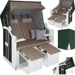 tectake® Strandkorb, gepolstert mit ausziehbaren Fußbänkchen, klappbare Seitentische und weitere Extras, 115 x 158 x 78 cm