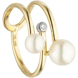 Perlenring JOBO "Ring mit 2 Perlen und Diamant" Gr. 58, gelb (gelbgold 585), Fingerringe, Damen, 58, SI = kleine Einschlüsse, Gelbgold 585-Diamanten-Perlen, Gelbgold 585, Diamanten, Perlen, 585 Gold