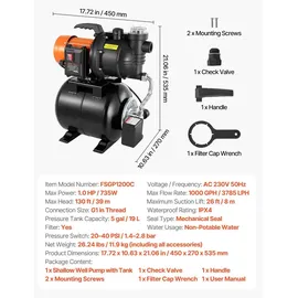 Vevor Hauswasserwerk 735 W 3785 L/h 19 L Druckbehälter 39 m Förderhöhe