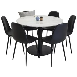 VCM EstelleØ106WHBL Essgruppe Esstisch weiß, Marmor und 6 Polar Esszimmerstühle schwarz Pu Kunstleder.