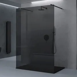 doporro Duschwand Duschtrennwand 100x200 Walk-In Dusche schwarz mit Doppel-Stabilisator aus Echtglas 10mm ESG-Sicherheitsglas Vollgrau