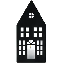 Spetebo Metall Kerzenhalter Haus Silhouette grau - 28 x 12 cm - Schattenbild Windlicht mit Glaseinsatz - Weihnachtsdorf Skyline Tisch Deko Laterne für Weihnachten Advent Winter
