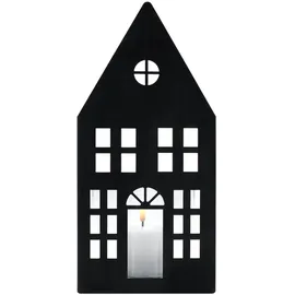 Spetebo Metall Kerzenhalter Haus Silhouette grau - 28 x 12 cm - Schattenbild Windlicht mit Glaseinsatz - Weihnachtsdorf Skyline Tisch Deko Laterne für Weihnachten Advent Winter