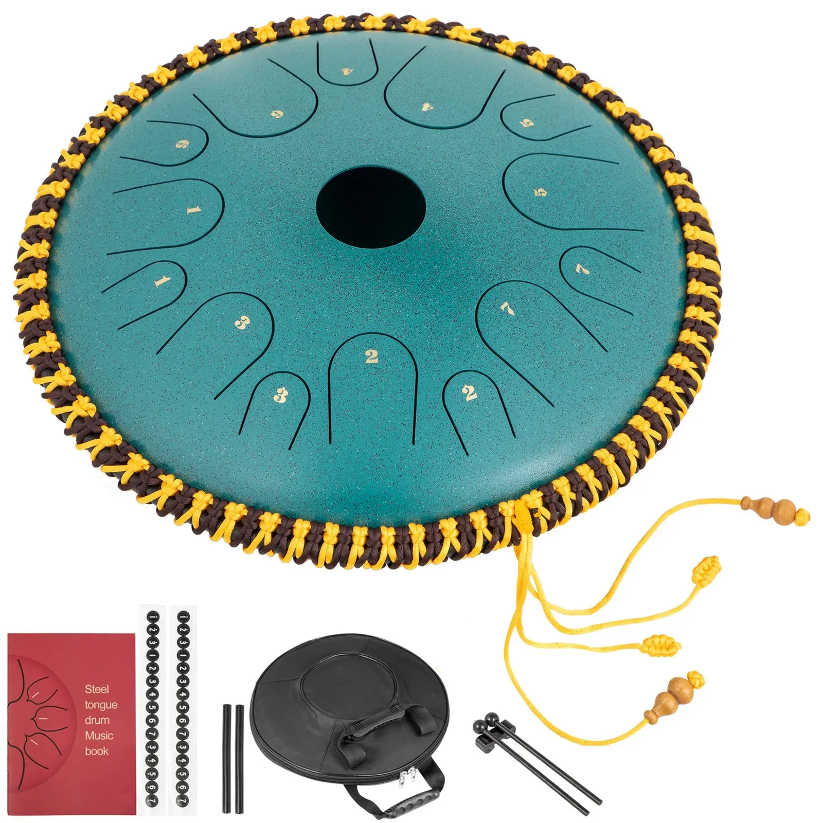 VEVOR Zungentrommel aus Stahl, Hang Drum Instrument 14 Töne, Hang Drum Instrument 36 cm, Percussioninstrument Pistolenfarbe mit Reisetasche, Musikbuch, Schlägel, Mineralgrün Tank Drum Chakra Drum