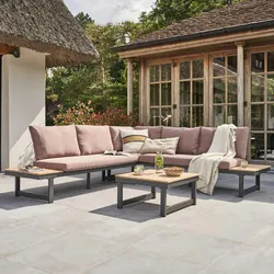 Oviala Business Niedrige 6-Sitzer-Gartengarnitur aus Aluminium und taupefarbenem Holz