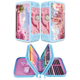 Gimboo Schulmäppchen mit Zubehör/Federmäppchen mit großem Fassungsvermögen/Mit 3 Fächer/Federtasche Federmäppchen Stifteetui/Motiv - SÜßES ROSA Motiv/Für Kinder Jungen Mädchen