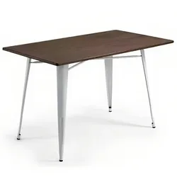 Rechteckige Tische aus weißem Eisen und Bambusplatte 140 x 80 cm. Hotel- und Gaststättenmöbel für Restaurant- und Cafeteria-Einrichtungen.