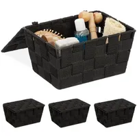 Relaxdays 4 x Aufbewahrungskorb mit Deckel, Flechtoptik, Bad Organizer,
