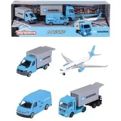 MAJORETTE 212057290 MAERSK Transport-Fahrzeuge (Geschenkset) - 4 Modellfahrzeuge aus Metall (MAN Truck, Mercedes-Benz Sprinter, Volkswagen Crafter & Airbus Flugzeug)