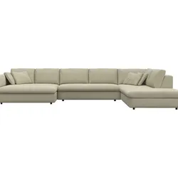 Wohnlandschaft FLEXLUX "Lovane, U-Form, bequem und komfortabel", beige (sandy beige), B:400cm H:84cm T:272cm, 100% Polyester, Sofas, Weich & anschmiegsam, große Sitztiefe auf Kaltschaum, Dekokissen inkl.