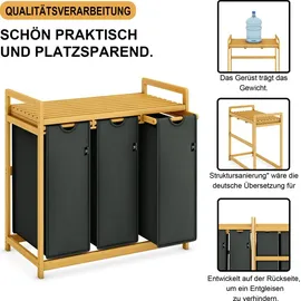 ADEL DREAM AdelDream Wäschekorb mit Bambusrahmen 150 l, 3 Fächer Bambus Wäschesammler Grau - Grau