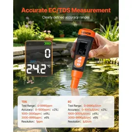 Vevor TDS-Messgerät, Messbereich 0–9990 ppm, EC/TDS-Mehrparametermessung, Digitales Wassermessgerät mit Automatischer Zeitregelung, Übersichtliches VA-Display, für Trinkwasserqualitätsprüfung