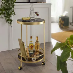 Kadima Design Goldener Servierwagen mit Retro-Charme und Schwarzem Sicherheitsglas. 45x45x76 cm