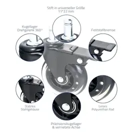 HMF 6810, Bürostuhl Rollen 5er Set, 11 mm, Schwarz