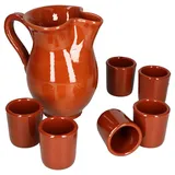 Mambocat 7tlg. Tongeschirr Set Tonkrug 0,5L + 6 Tonbecher 50ml braun glasiert - 99546 + 6x 12970