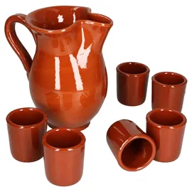 Mambocat 7tlg. Tongeschirr Set Tonkrug 0,5L + 6 Tonbecher 50ml braun glasiert - 99546 + 6x 12970