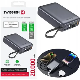 Swissten 20000 mAh mit integriertem USB-C und Lightning Kabel space silber