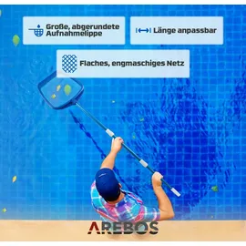 Arebos Poolkescher mit Teleskopstange, Poolreinigung Bodenkescher, Länge von 1,20-1,90 m, Große Aufnahmelippe, Sonstiges Poolzubehör Blau