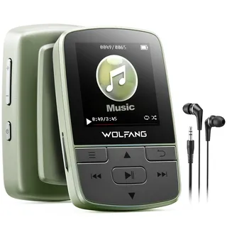 WOLFANG MP3-Player mit Bluetooth 5.2, Sportclip, Mini-Größe, Gewicht 28,3 g, HiF-FM-Radio, Diktiergerät, Kopfhörer im Lieferumfang enthalten,Militärgrün