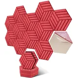 Hexagon Akustikplatten selbstklebend - Schallabsorber für Wand & Decke - 30x26x0.9cm, 12er Pack, weiß - Perfekt für Wohnräume, KTVs, Musikzimmer & Büros. (Rot Streifen-Hexagon)