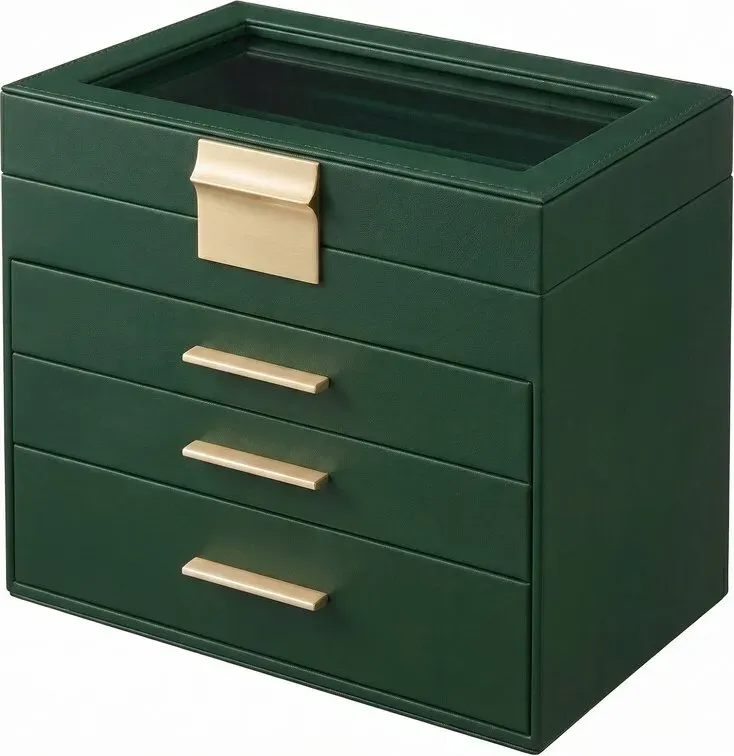 Ochama Schmuckkasten mit 4 Ebenen, Schmuckbox mit 3 Schubladen, Deckel aus Glas, für große Schmuckstücke, grün