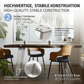 ML-Design Tischbeine, Metall 75x8x72 cm, Silber, Profil 8x2 cm, Schräge Möbelkufen, Tischgestell Stahl geneigt, Tischuntergestell Möbelfüße für Esstisch/schreibtisch