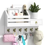 Holz Schlüsselbrett mit Ablage Schlüsselhalter Wand Schlüsselablage mit Haken Schlüssel Organizer mit Regal Weiß Schlüsselregal Schlüsselboard mit tablett Schlüsselkasten Schlüsselanhänger Organizer