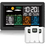 Qxmcov Wetterstation Funk mit Außensensor, Multifunktionale Wetterstation Funk mit 3 Außensensor Digital Thermometer Hygrometer Außen Innen Raumthermometer Hydrometer mit Wettervorhersage für Hau