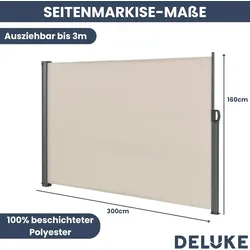 DELUKE® Seitenmarkise ausziehbar 160x300cm Blickdicht - Sichtschutz Windschutz | Markise Wandmarkise ausziehbar Sonnenschutz | Beige