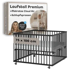 Sämann Laufgitter mit Matratze Cloud Air | Schlupfsprossen Black Edition Premium | Gr.: 75x100 cm)