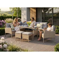 Beautysofa Gartenlounge-Set CALISTA Beige Polyrattan Dining Lounge, (Technorattan, Stahlgestell, Tisch mit 5 mm Sicherheitsglas, 6-tlg., 2 Ecksofas + Sessel + 2 Hocker + Esstisch), wetterbeständig, UV-beständig, abnehmbare Kissenbezüge beige
