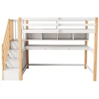 XDeer Hochbett Hausbett mit Stauraumtreppe Großen Schreibtisch und Regalen Hochbett Kinderbett Einzelbett 90*200cm Natürlich+weiß