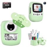 Kinderkamera, 30MP 1080P Sofortbildkamera Kinder Drucken Schwarzweiß Foto mit 2,4 Zoll Bildschirm, Digitalkamera Kinder mit 32GB TF-Karte, 6 Farben Pinselstift, Dual Kamera, Geschenk für Kinder, Grün