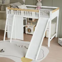 Hochbett 90×200 Cm, Einzelbett Mit Rutsche, Kleiderschrank, Ablageschrank Und Leiter, Ohne Matratze, Weiß Und Natur
