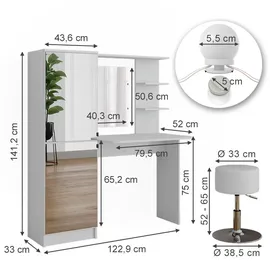 Vicco Schminktisch, Weiß, 123 cm mit LED-Beleuchtung und Hocker