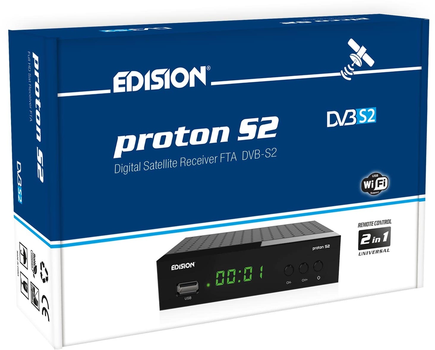 Edision Proton S2 Full HD SAT Receiver FTA, (1x DVB-S2, USB WiFi Support, USB, HDMI, SCART, S/PDIF, IR Auge,FTA schwarz) [ für Astra vorprogrammiert]