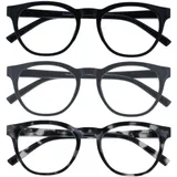 OPULIZE BLU Blaulichtfilter Lesebrille für Damen Herren, Blendfreie UV400-Schutz Federscharnier Anti-Müdigkeit, Runder Rahmen, Computerbrillen Gaming, 3er-Pack Schwarz Grau Schildpatt +1,00