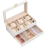 LuxusKollektion Uhrenbox Uhrenbox 12 Fächer Glasdeckel 2 Ebenen Uhrenkissen 12-Slot Weiß weiß